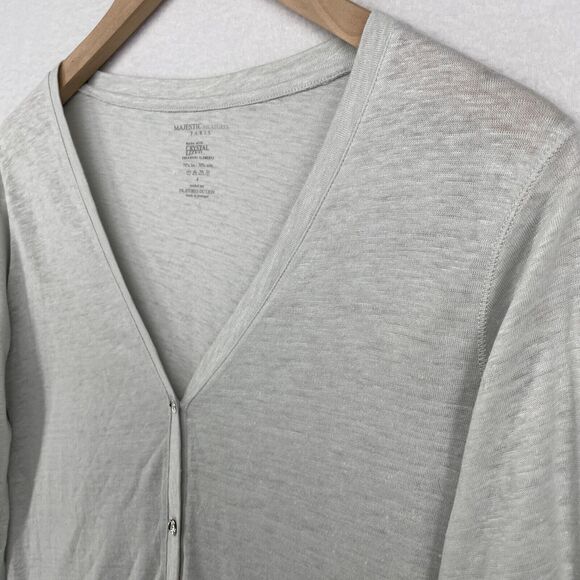 MAJESTIC FILATURES Cardigan 4 L Swarovski Elements Linen Silk Button Front Gray - Picture 2 of 13